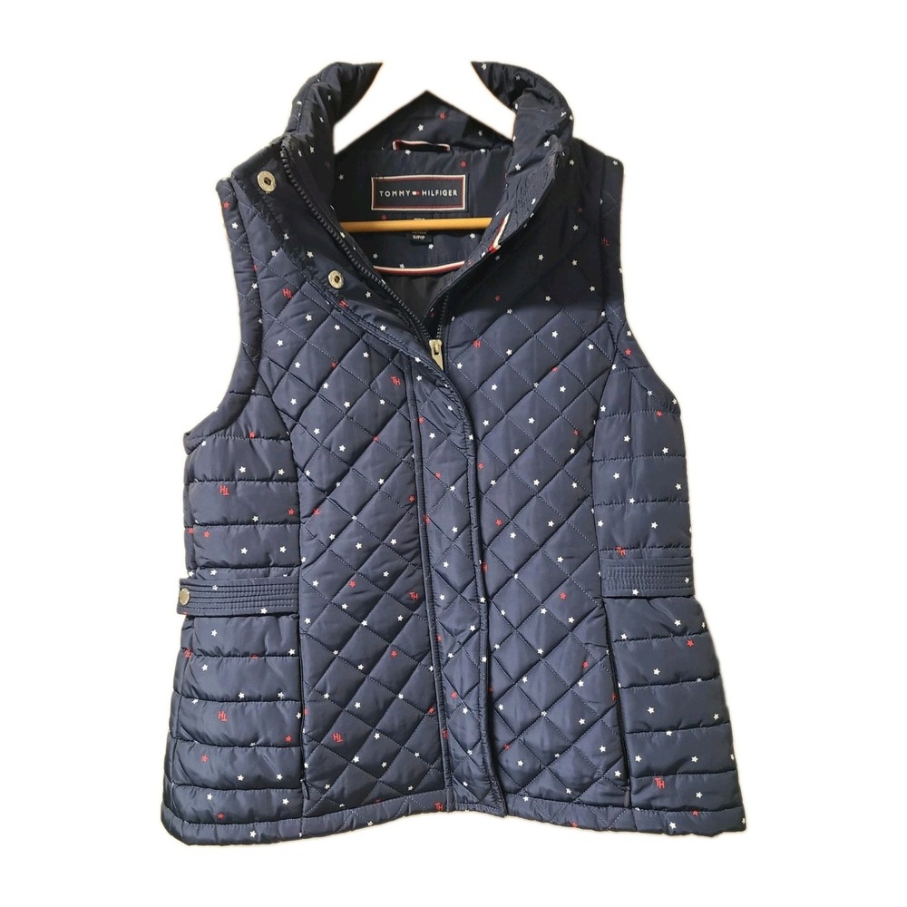 Tommy Hilfiger Women's Sport Quilted Star Logo Vest Blue W/ Red & White Size S